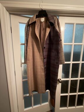 BDG Two-Panel Plaid Trench Coat in Brown and Gray